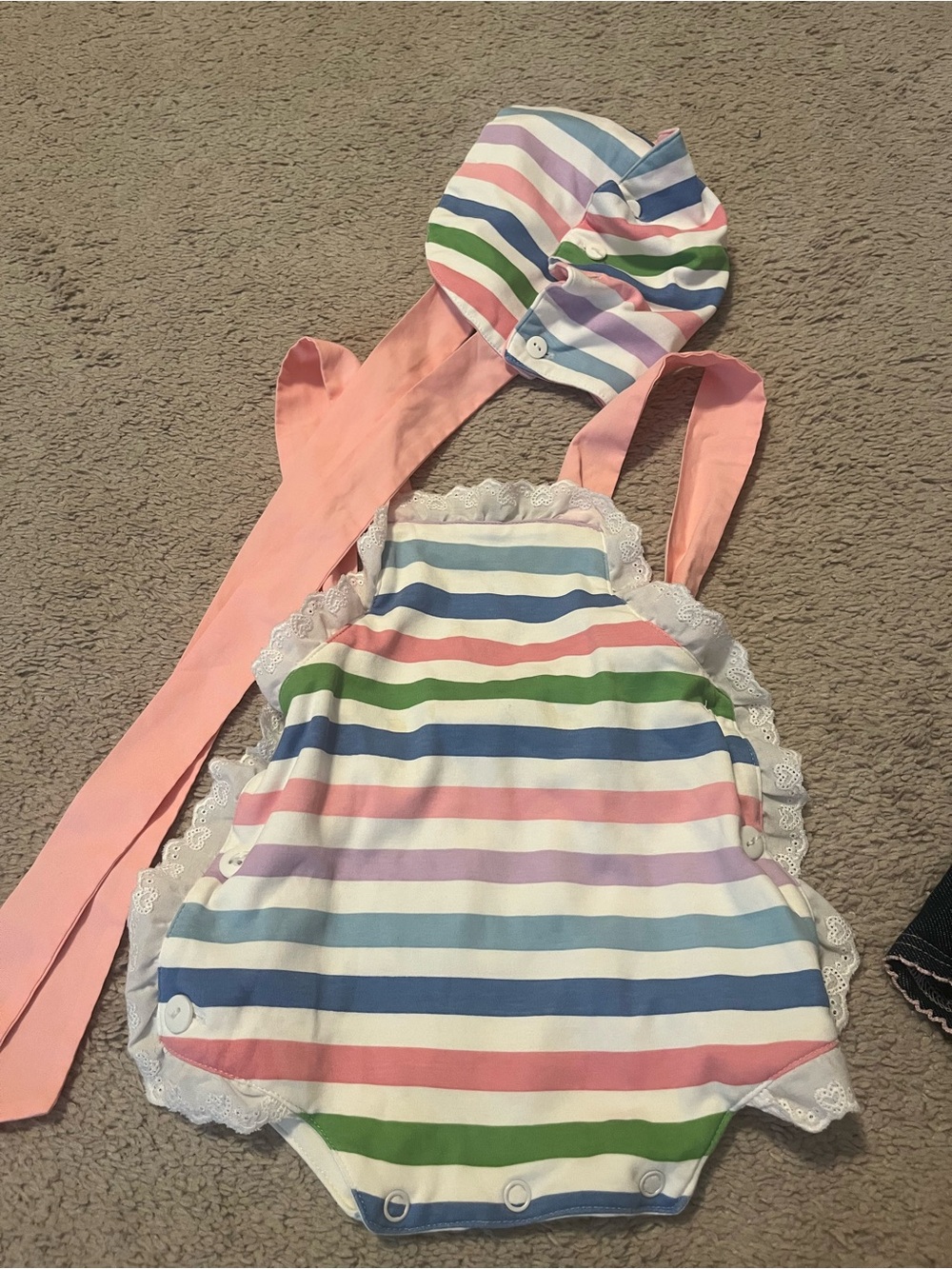 Striped Pastel Baby Romper with Matching Bonnet